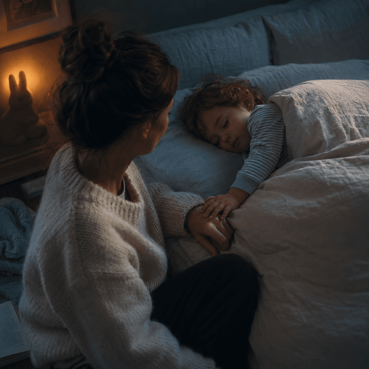 A mother sitting beside her sleeping child, holding their hand