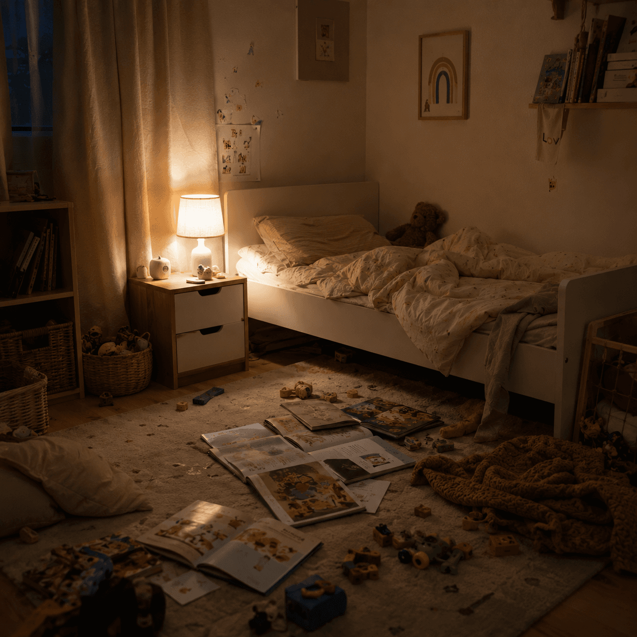 A mother reading a bedtime book to her toddler in warm lamplight